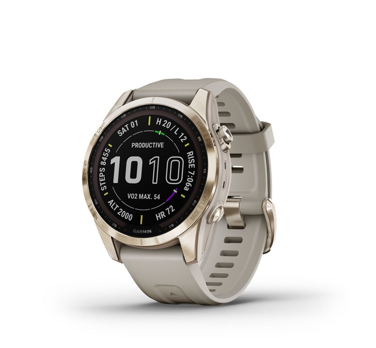 Garmin fenix 7S Solar Sapphire krémarany világos homok színű szilikon szíjjal