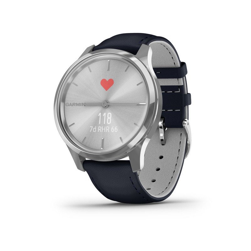 Garmin vivomove Luxe matt ezüst Navy kék bőr szíjjal, ezüst csattal